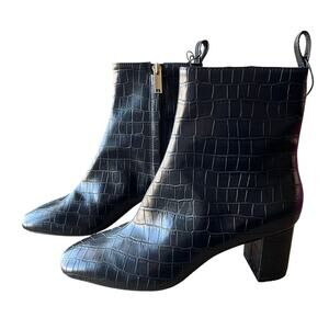 H & M Ankle Boots Booties Size 7 Black Croc Embossed Block Heel Dress Casual